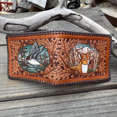 Deer and Wood duck traditional hand tooled western floral and hand laced bifold wallet