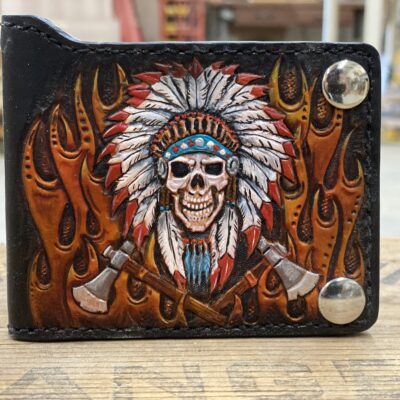 Indian Warrior Chief Biker Bifold - Handmade Leather Wallet