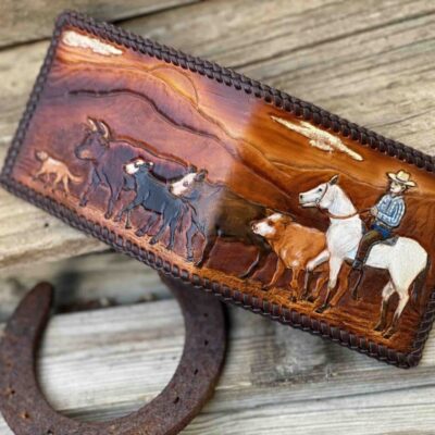 Vintage Style Cattle rancher hand tooled bifold leather wallet
