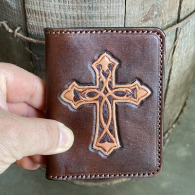 Christian Cross Card Holder Hand Tooled Leather Wallet. Compact size
