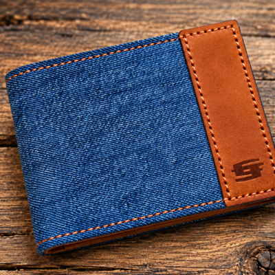 leather and levi's denim custom bifold wallet by Christoph Joseph Leather