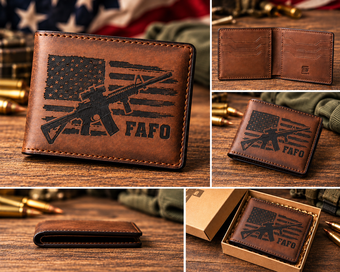 Laser Engraved Patriotic Leather Bifold Wallet - FAFO American Flag - Image 2