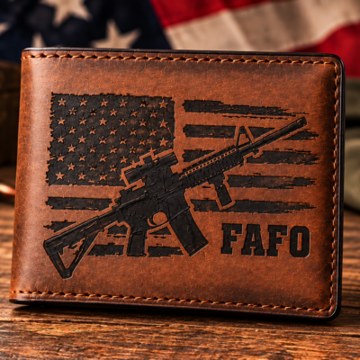 Laser engraved patriotic leather bifold wallet with American flag, rifle and FAFO design