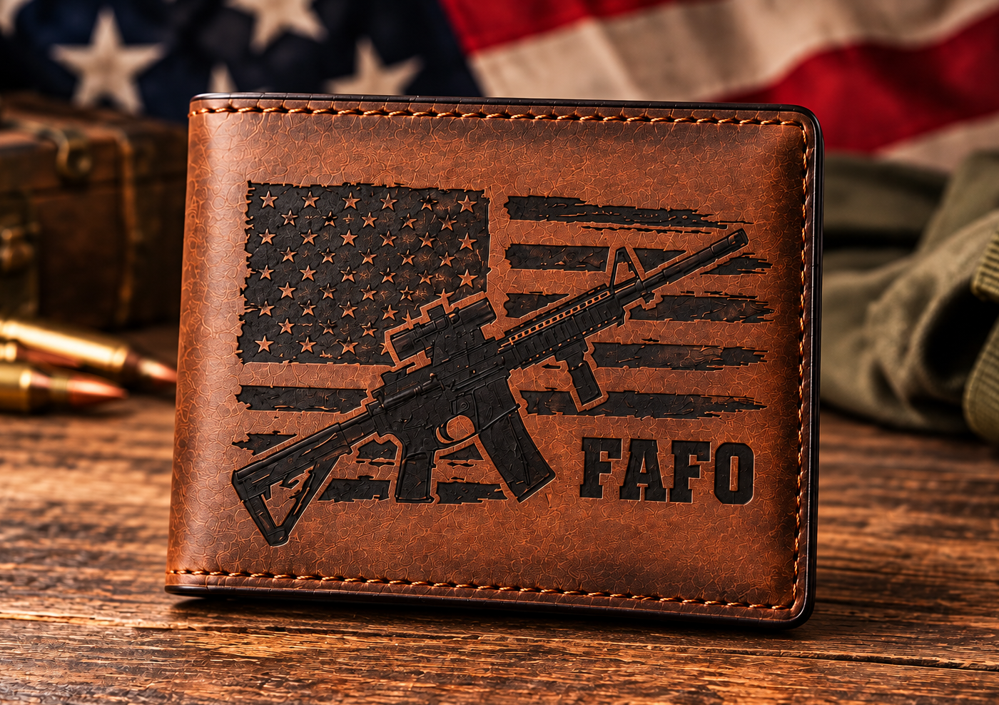 Laser engraved patriotic leather bifold wallet with American flag, rifle and FAFO design