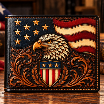 The Ultimate Patriot Hand Tooled Leather Bifold Wallet with Eagle Shield and American Flag
