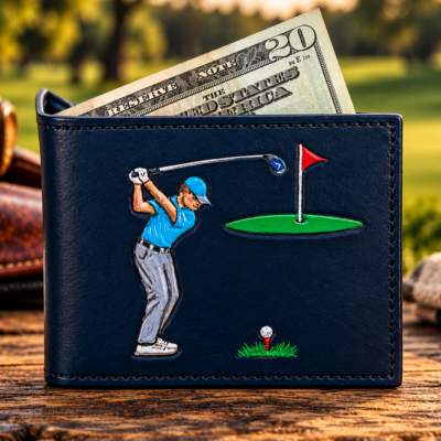 Handmade leather golf wallet featuring a detailed golfer and golf course design.