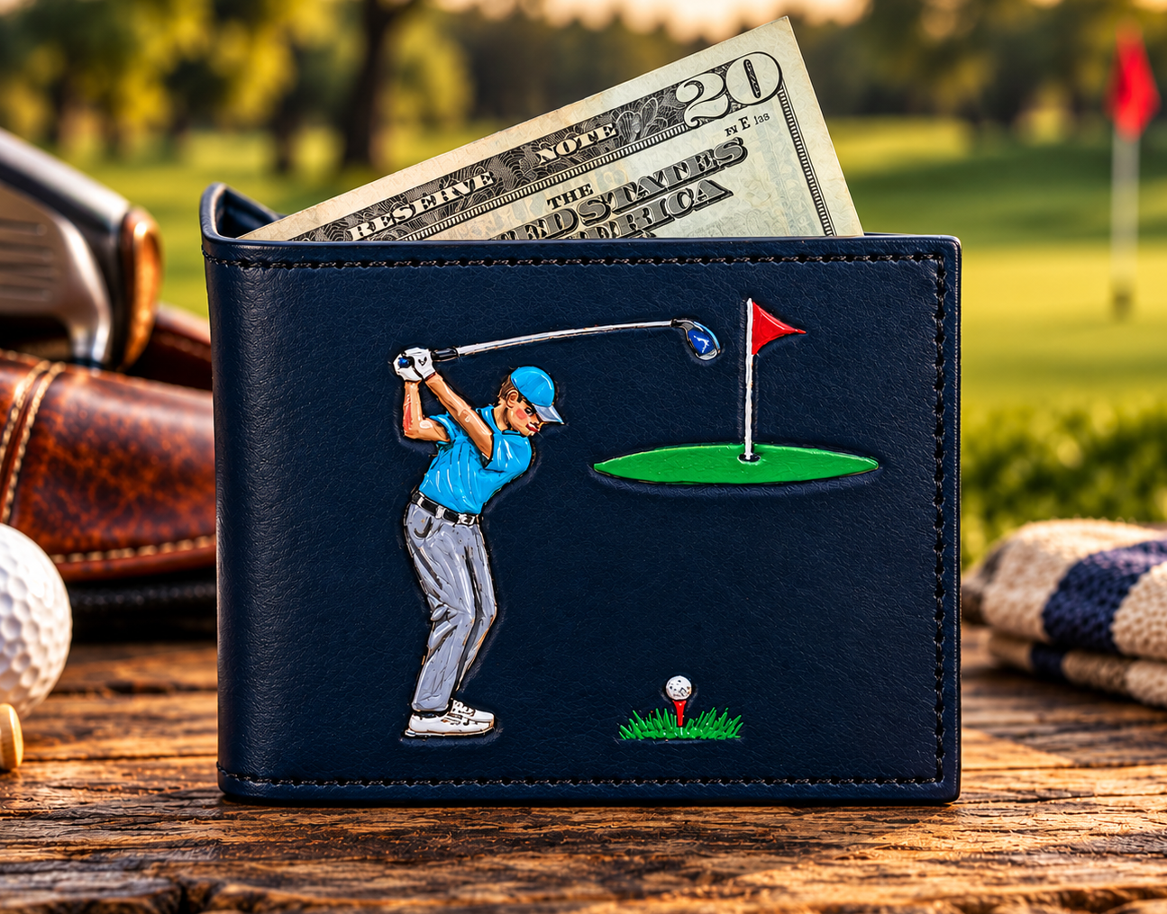 Handmade leather golf wallet featuring a detailed golfer and golf course design.