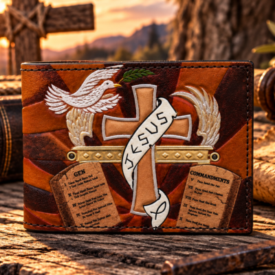 Christian hand tooled bifold wallet with dove, the ten commandments, cross, the word Jesus on a white vail, bible, tree of life, sun rays, and flowing living water