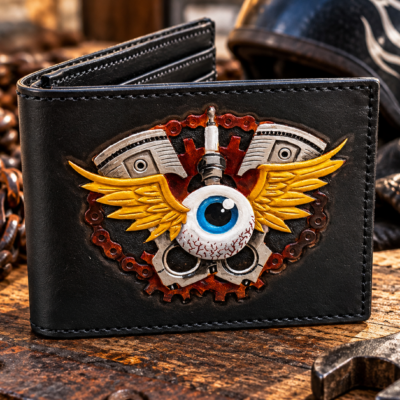 Eyeball & Wings Gearhead Piston Design Hand Tooled Leather Bifold Wallet