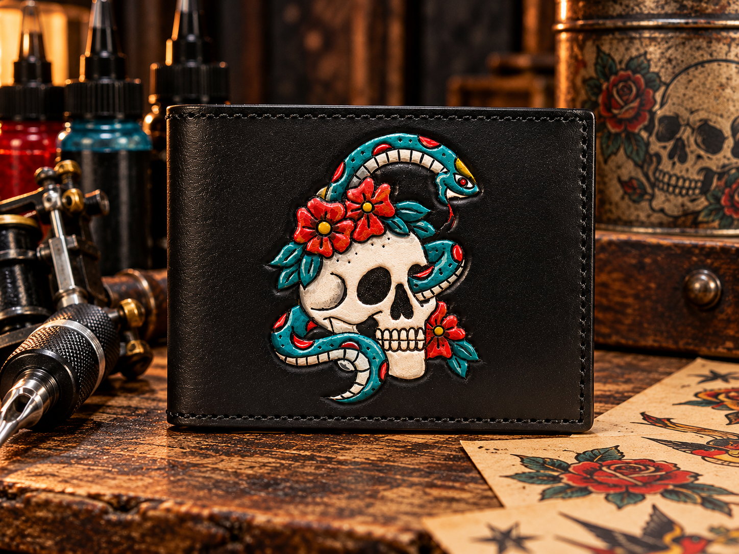 Custom Skull & Snake Tattoo Bifold Wallet – Hand Tooled Black Leather Wallet - Image 3