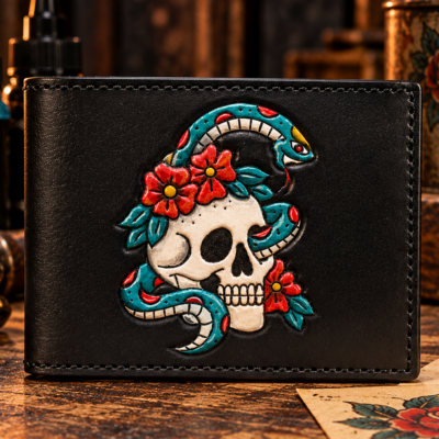 Custom Skull & Snake Tattoo Bifold Wallet – Hand Tooled Black Leather Wallet