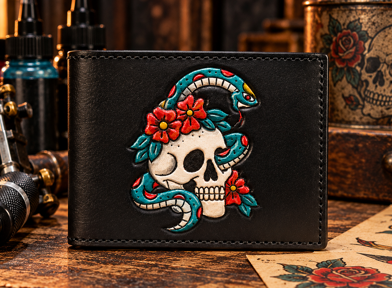 Custom Skull & Snake Tattoo Bifold Wallet – Hand Tooled Black Leather Wallet