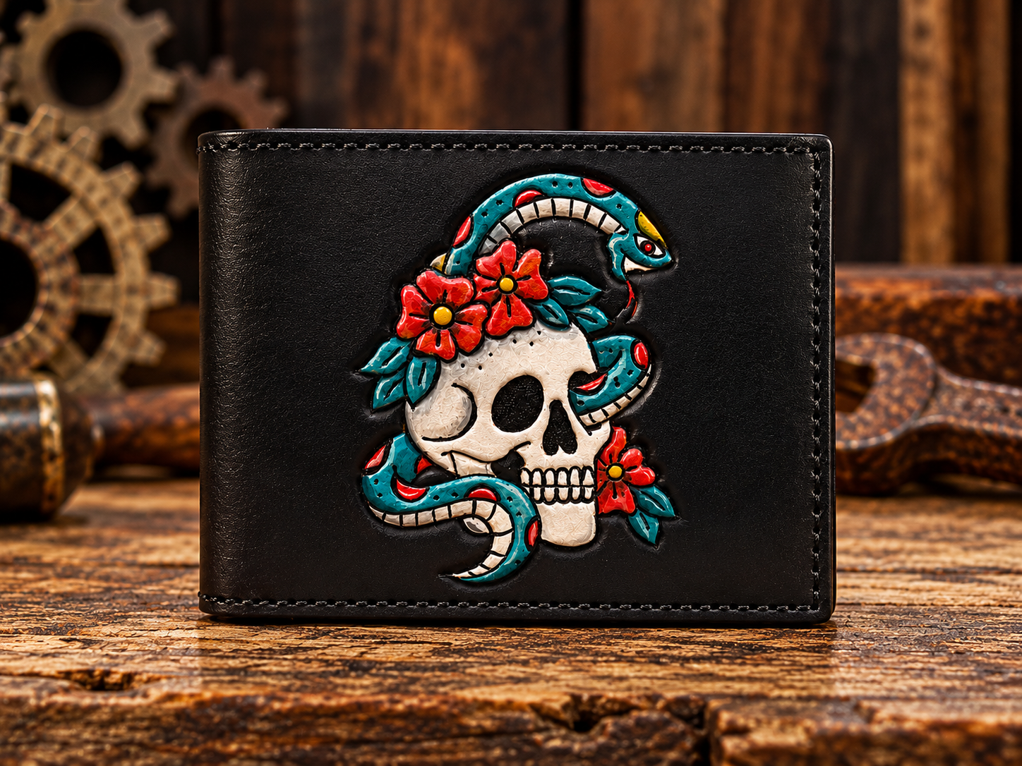 Custom Skull & Snake Tattoo Bifold Wallet – Hand Tooled Black Leather Wallet - Image 2