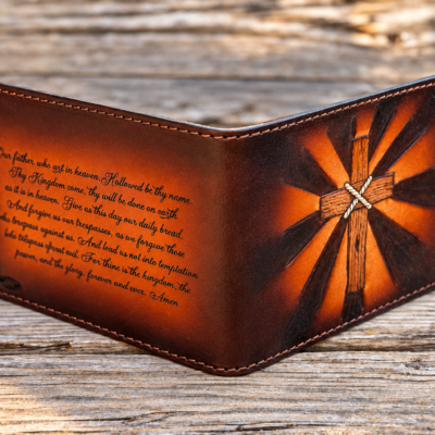 Lords Prayer Christian hand-tooled Wallet with radiant cross