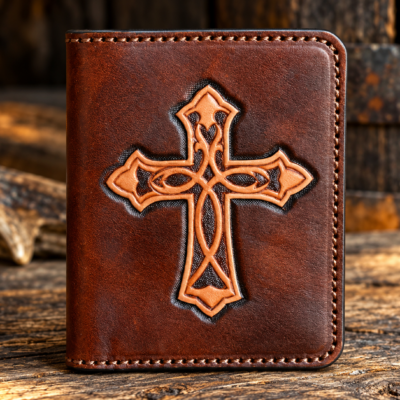 Christian Cross Card Holder Hand Tooled Leather Wallet. Compact size