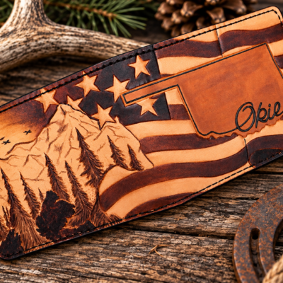 Oklahoma hand tooled leather bifold wallet