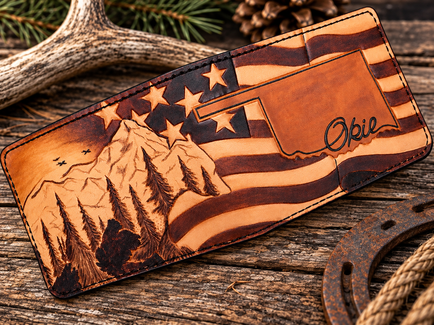 Oklahoma hand tooled leather bifold wallet