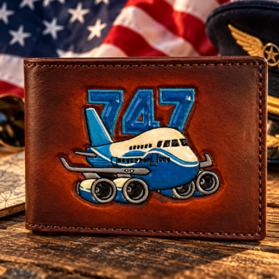 hand tooled 747 Airplane Leather Bifold Wallet