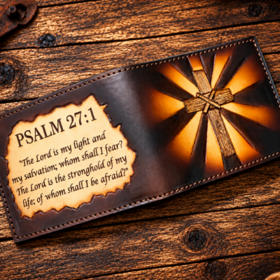 Christian wallet with hand-tooled radiant cross and Bible verse