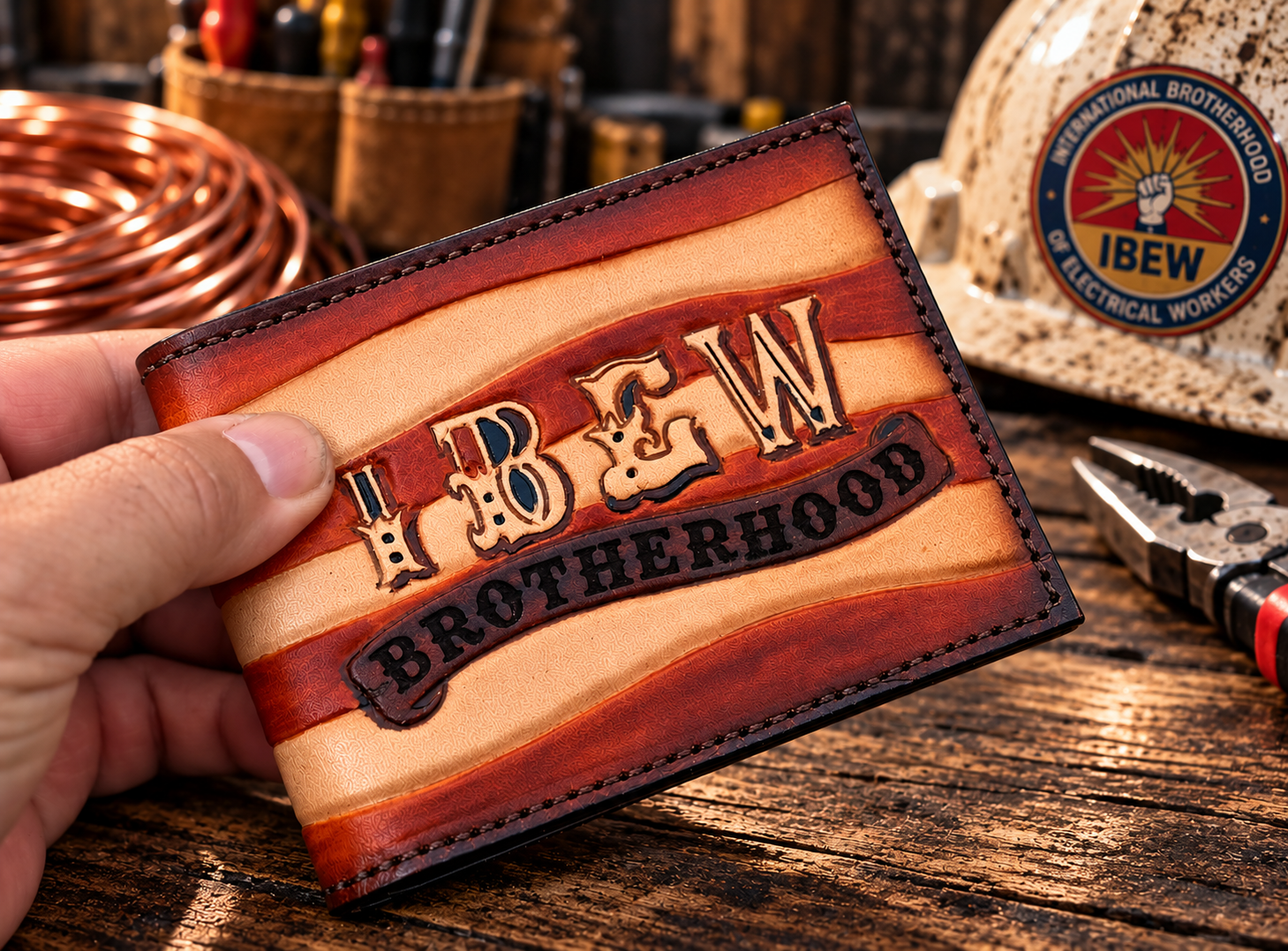 IBEW Brotherhood Bifold Wallet - Handmade and Hand Tooled in the USA - Image 4