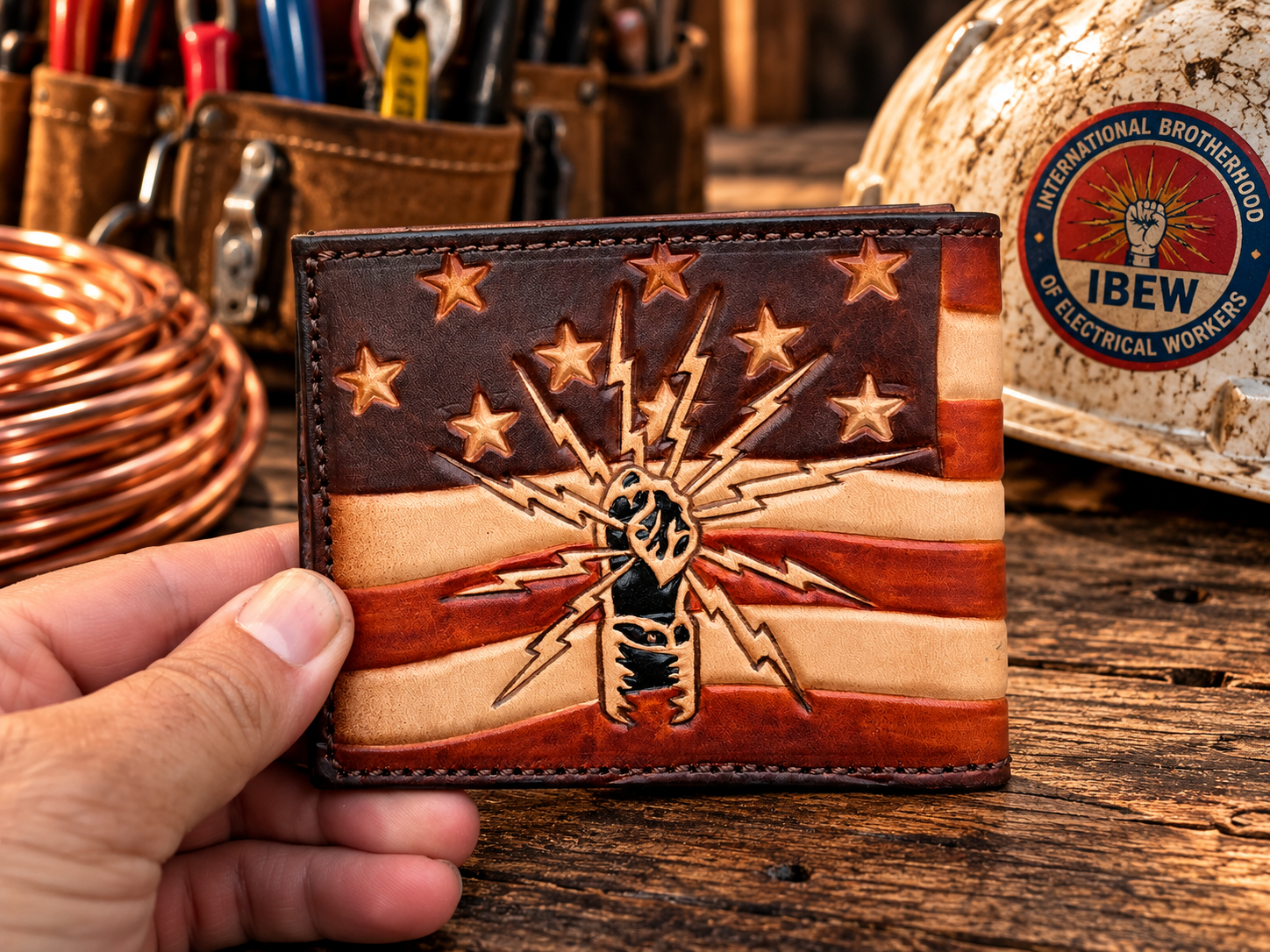 IBEW Brotherhood Bifold Wallet - Handmade and Hand Tooled in the USA - Image 3