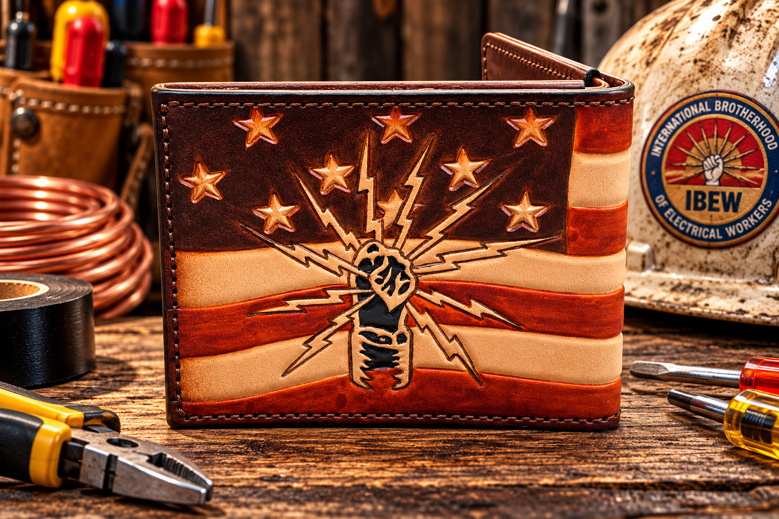 IBEW Brotherhood Bifold Wallet - Handmade and Hand Tooled in the USA - Image 2