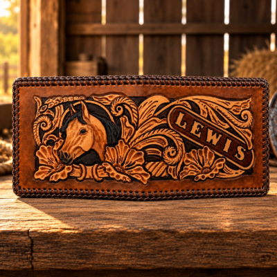Classic equestrian design western floral hand tooled personalized leather bifold wallet