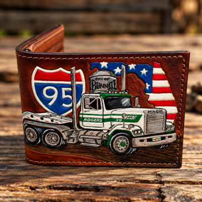 Hand-tooled Trucker Wallet - Big Rig Bifold Interstate Leather Custom Wallet