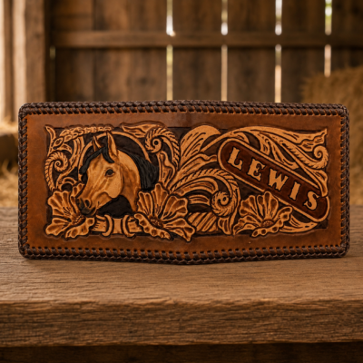 Classic Equestrian Horse and Western floral hand tooled leather wallet with laced edges