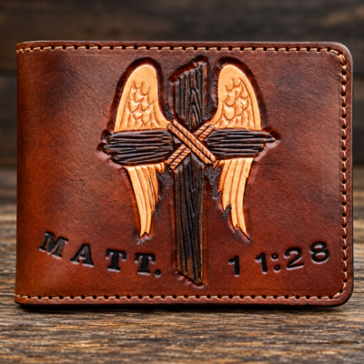 Hand tooled Christian leather bifold wallet with cross and angel wings, Matthew 11:28