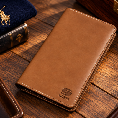 Cognac brown leather long wallet handmade with stitched edges