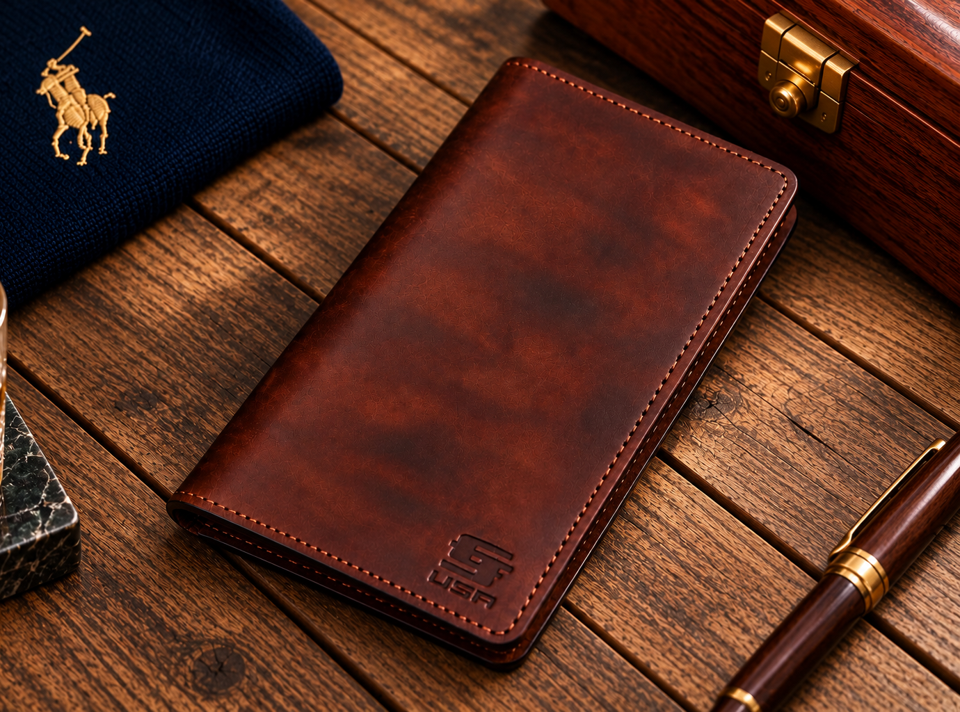 Tobacco brown leather long wallet handmade in the USA