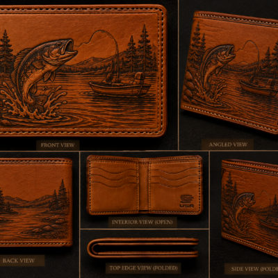 Hand tooled leather fishing wallet featuring a leaping bass, mountain lake, pine forest and fishing boat