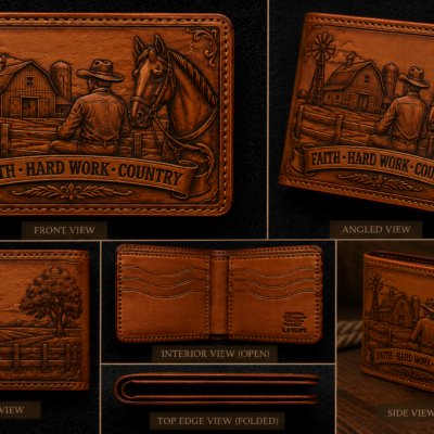Hand tooled cowboy leather wallet featuring a Western ranch scene with cowboy, horse, barn, windmill, and Faith Hard Work Country banner