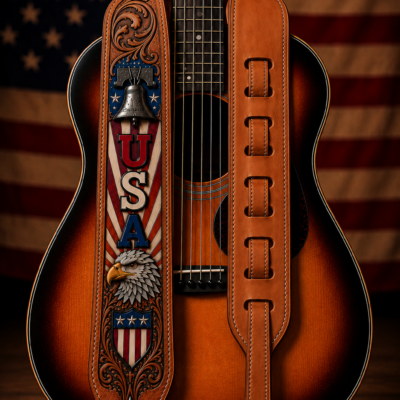 Custom hand tooled patriotic USA leather guitar strap featuring American flag, Liberty Bell, bald eagle, and western floral tooling.