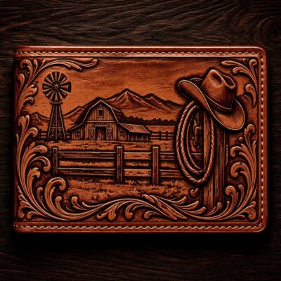 Hand tooled cowboy leather wallet featuring a Western ranch scene with cowboy, horse, barn, windmill, and Faith Hard Work Country banner