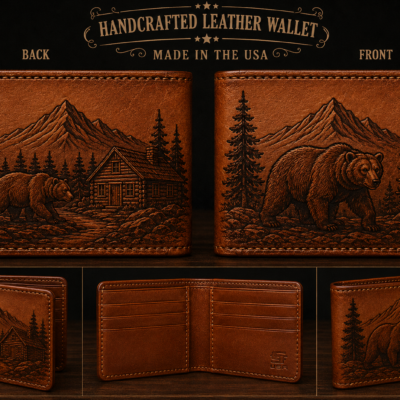 Handcrafted bear leather wallet with hand-tooled mountain, cabin, pine trees and wilderness scene