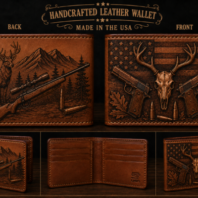 Custom hand tooled hunting leather wallet featuring deer skull, pistols, American flag, rifle and mountain wildlife scene