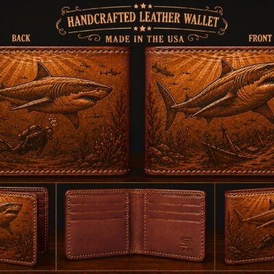 Hand tooled shark leather bifold wallet with underwater ocean, scuba diver and shipwreck artwork