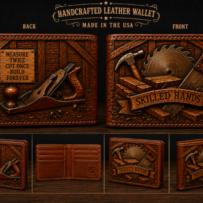 Custom hand tooled carpenter leather wallet with woodworking tools, saw blade, lumber and Skilled Hands design