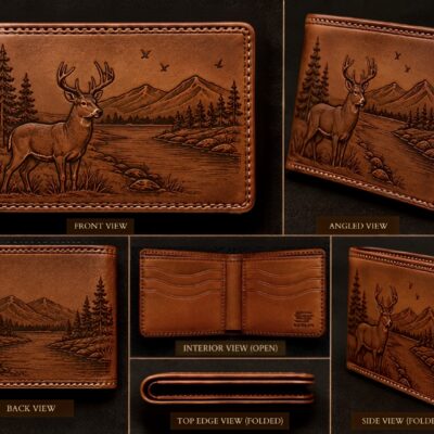Hand tooled leather buck wallet with mountain river and pine forest wilderness scene