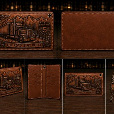 Trucker themed hand tooled leather long chain wallet with semi truck and Interstate 5 design
