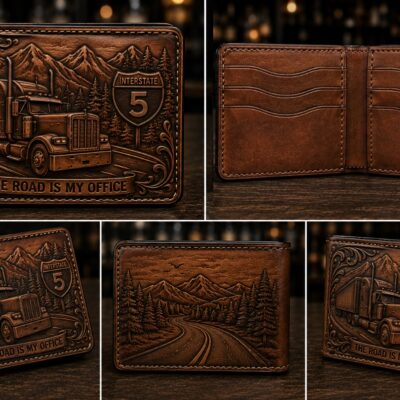 Custom hand-tooled trucker leather bifold wallet with semi truck, mountains and Interstate 5 design