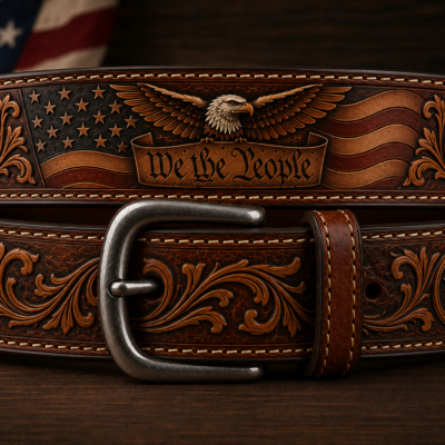 Hand tooled patriotic leather belt with American eagle, stars, flag, and “We the People” Western design
