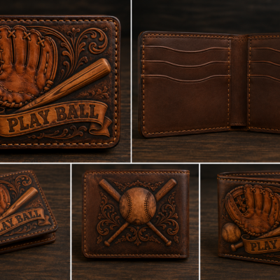 Custom hand tooled baseball leather wallet with glove, bats, baseball and PLAY BALL design