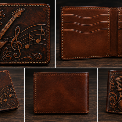 Custom hand tooled guitar and music leather bifold wallet Image Caption: