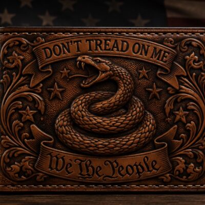 Hand-tooled brown leather bifold wallet featuring Don’t Tread on Me rattlesnake, We The People banner, and American flag stars