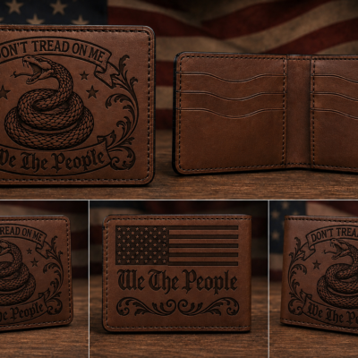 Laser engraved Don’t Tread On Me bifold wallet with coiled rattlesnake and We The People banner on brown leather