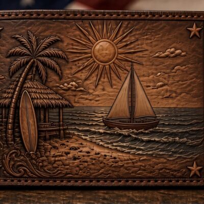Hand-tooled medium brown leather bifold wallet featuring a detailed beach scene with palm trees, tiki hut, surfboard, modern sailboat, ocean waves and sun