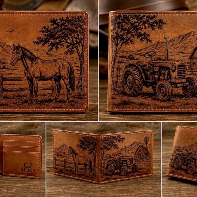 Farm ranch laser engraved leather bifold wallet with tractor barn horse and mountains